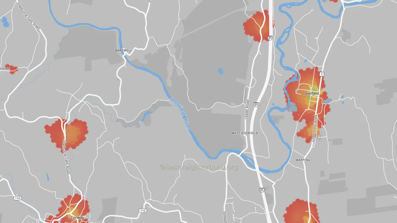 Walk Grade map of West Deerfield, MA, walkable areas in green and car-dependent areas in red
