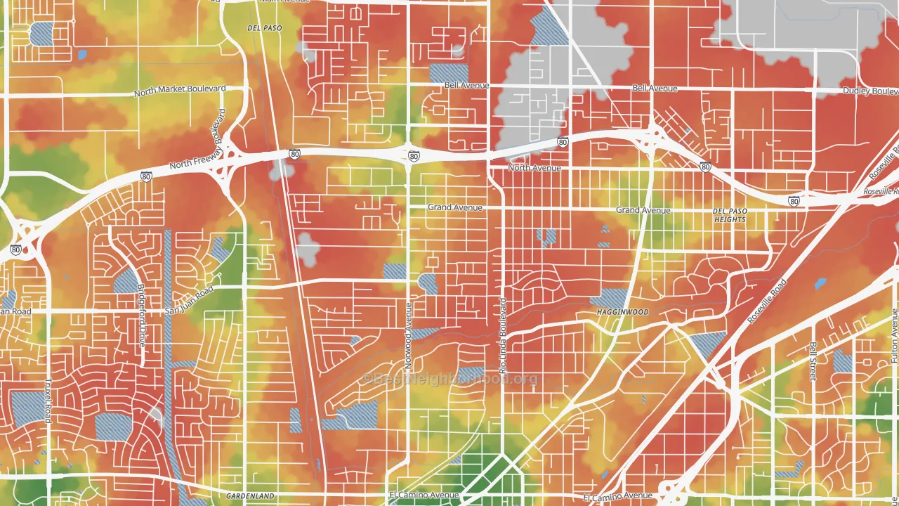 Walk Grade map of West del Paso Heights, Sacramento, CA, walkable areas in green and car-dependent areas in red