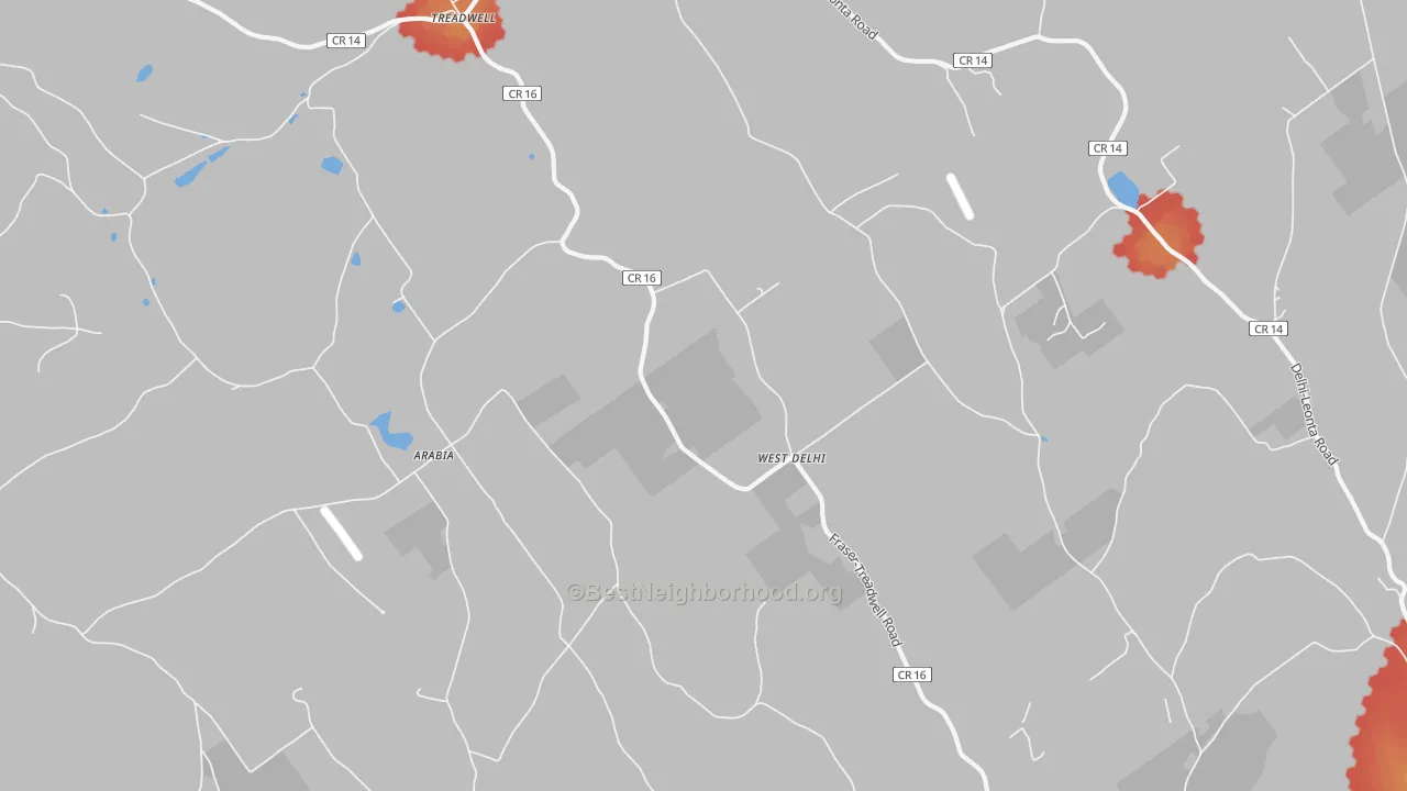 Walk Grade map of West Delhi, NY, walkable areas in green and car-dependent areas in red