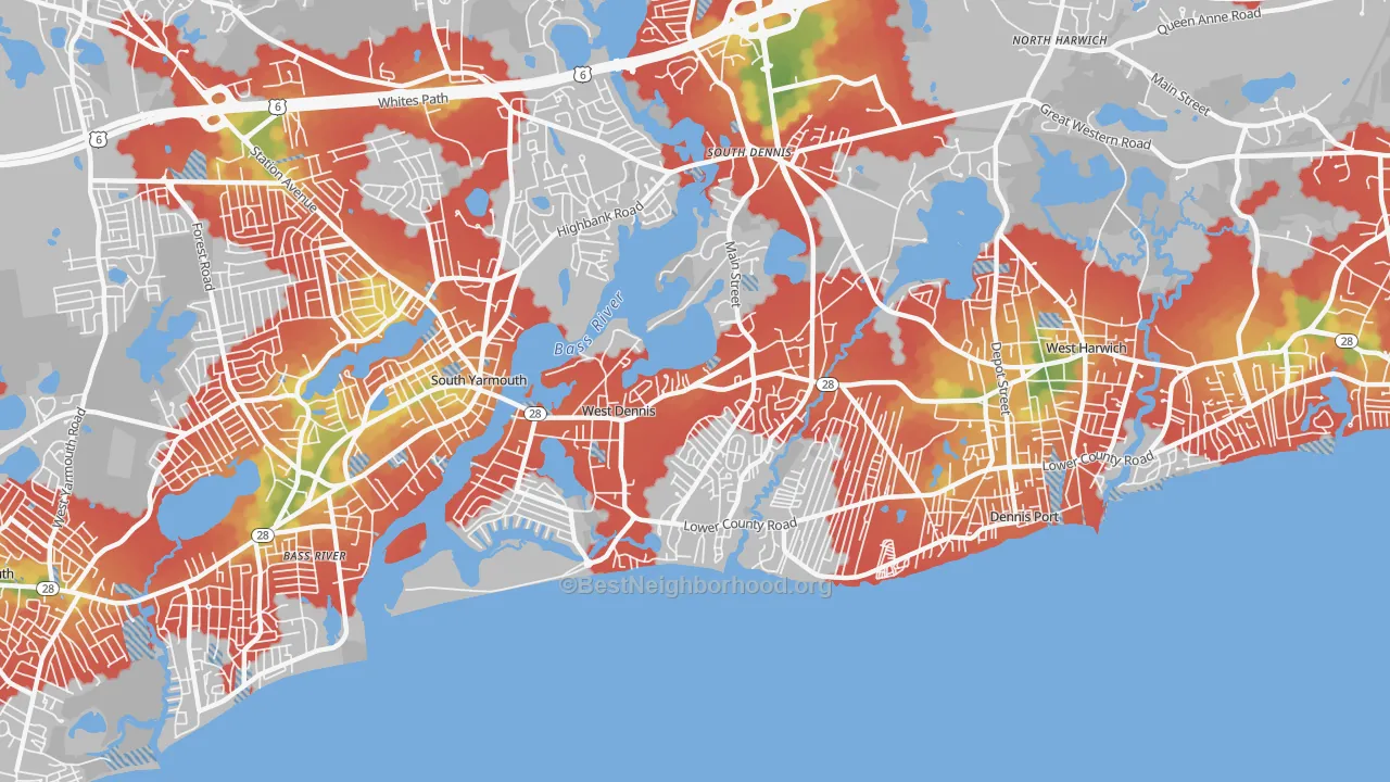 Walk Grade map of West Dennis, MA, walkable areas in green and car-dependent areas in red