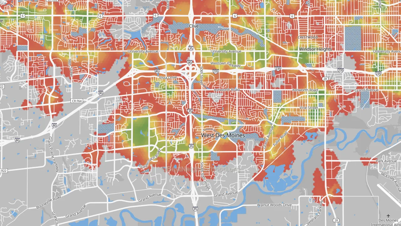 Walk Grade map of West Des Moines, IA, walkable areas in green and car-dependent areas in red