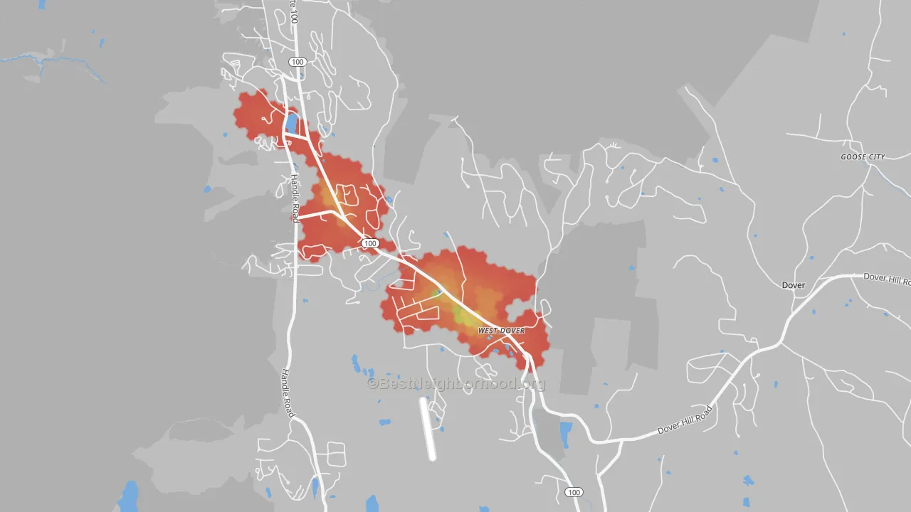 Walk Grade map of West Dover, VT, walkable areas in green and car-dependent areas in red