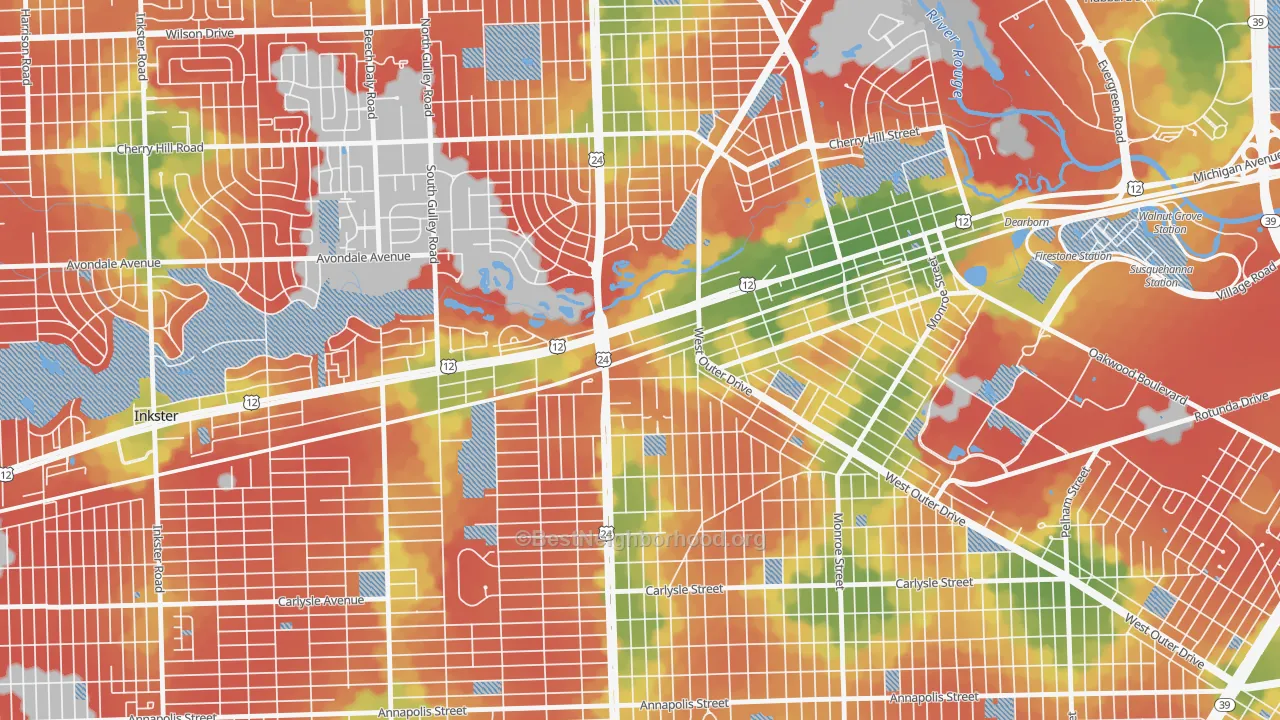 Walk Grade map of West Downtown Dearborn, Dearborn, MI, walkable areas in green and car-dependent areas in red