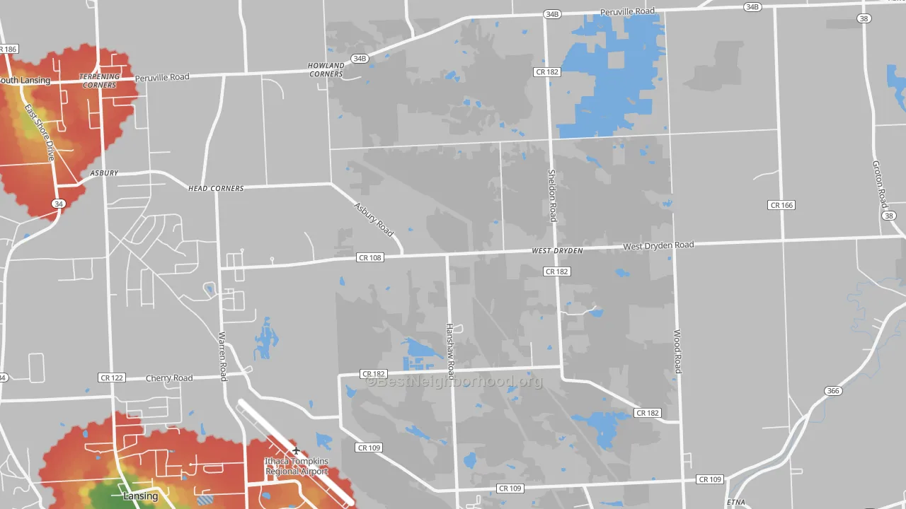 Walk Grade map of West Dryden, NY, walkable areas in green and car-dependent areas in red