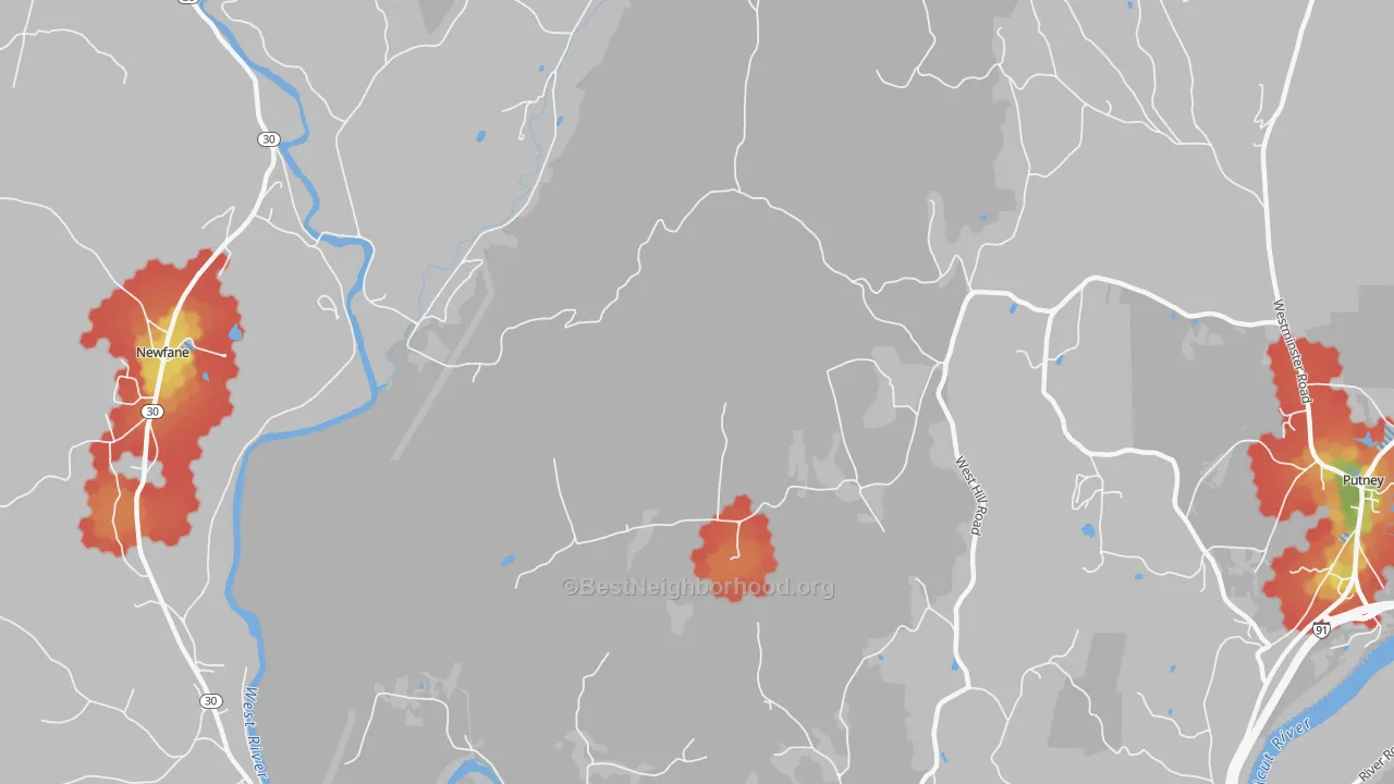 Walk Grade map of West Dummerston, VT, walkable areas in green and car-dependent areas in red
