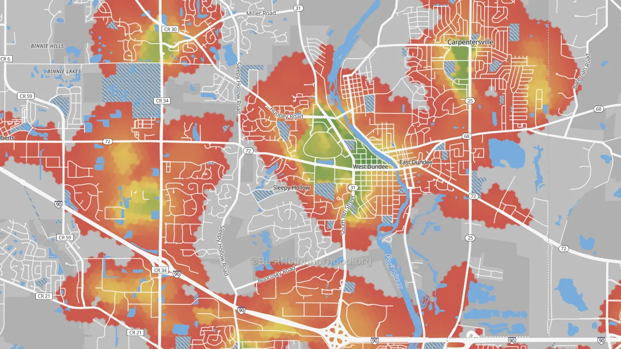 Walk Grade map of West Dundee, IL, walkable areas in green and car-dependent areas in red