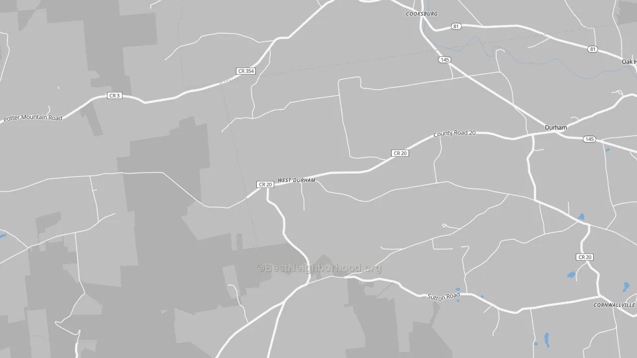 Walk Grade map of West Durham, NY, walkable areas in green and car-dependent areas in red