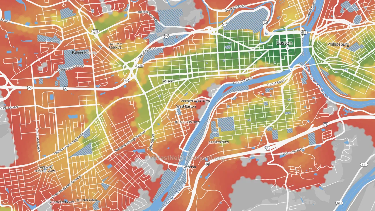 Walk Grade map of West Easton, PA, walkable areas in green and car-dependent areas in red