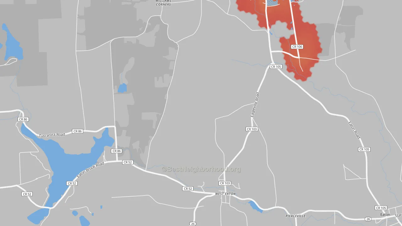 Walk Grade map of West Eaton, NY, walkable areas in green and car-dependent areas in red
