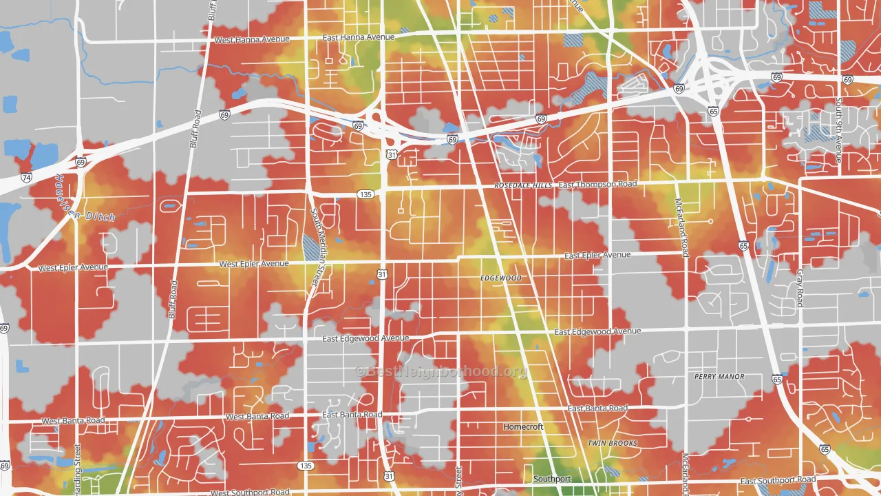 Walk Grade map of West Edgewood, Indianapolis, IN, walkable areas in green and car-dependent areas in red