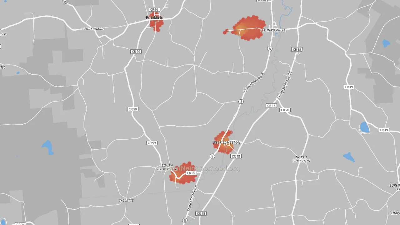 Walk Grade map of West Edmeston, NY, walkable areas in green and car-dependent areas in red