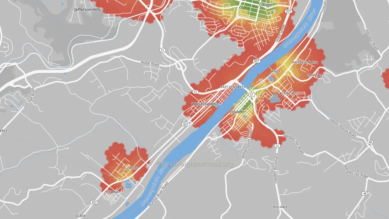 Walk Grade map of West Elizabeth, PA, walkable areas in green and car-dependent areas in red