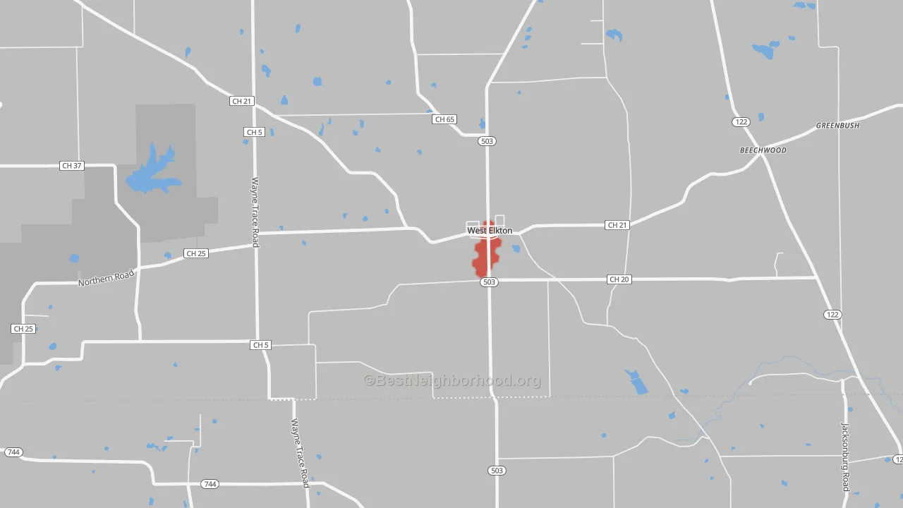 Walk Grade map of West Elkton, OH, walkable areas in green and car-dependent areas in red