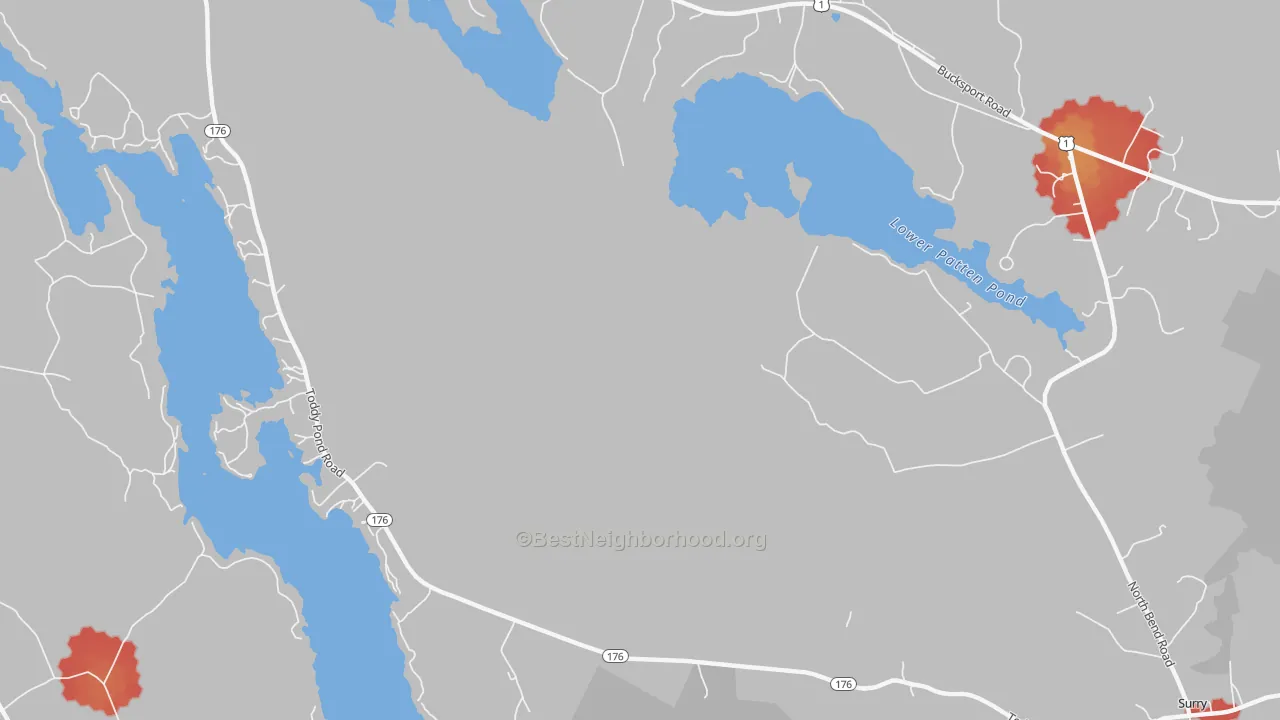 Walk Grade map of West Ellsworth, ME, walkable areas in green and car-dependent areas in red