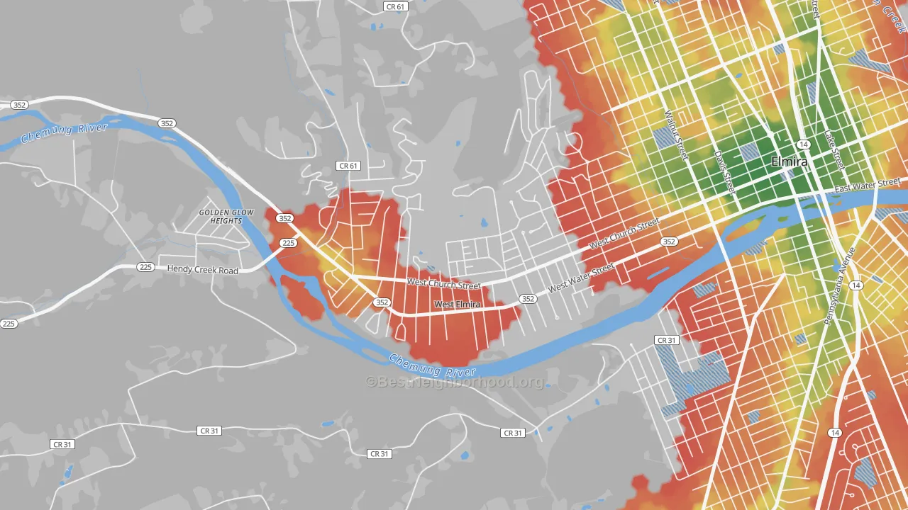 Walk Grade map of West Elmira, NY, walkable areas in green and car-dependent areas in red