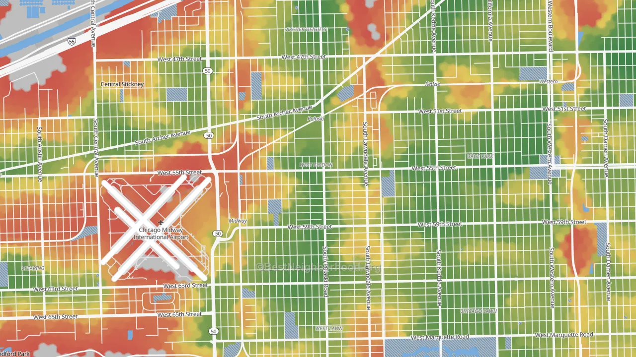 Walk Grade map of West Elsdon, Chicago, IL, walkable areas in green and car-dependent areas in red