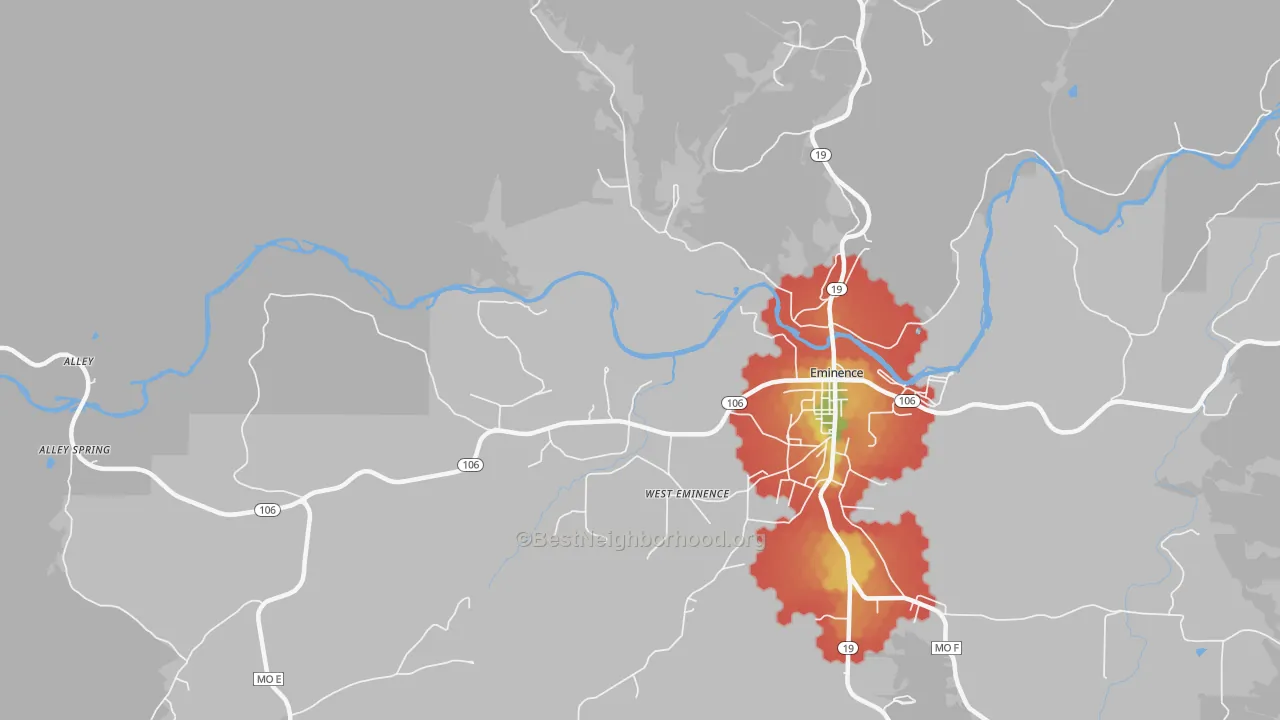 Walk Grade map of West Eminence, MO, walkable areas in green and car-dependent areas in red