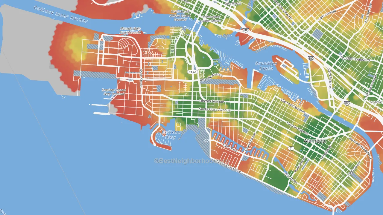 Walk Grade map of West End, Alameda, CA, walkable areas in green and car-dependent areas in red