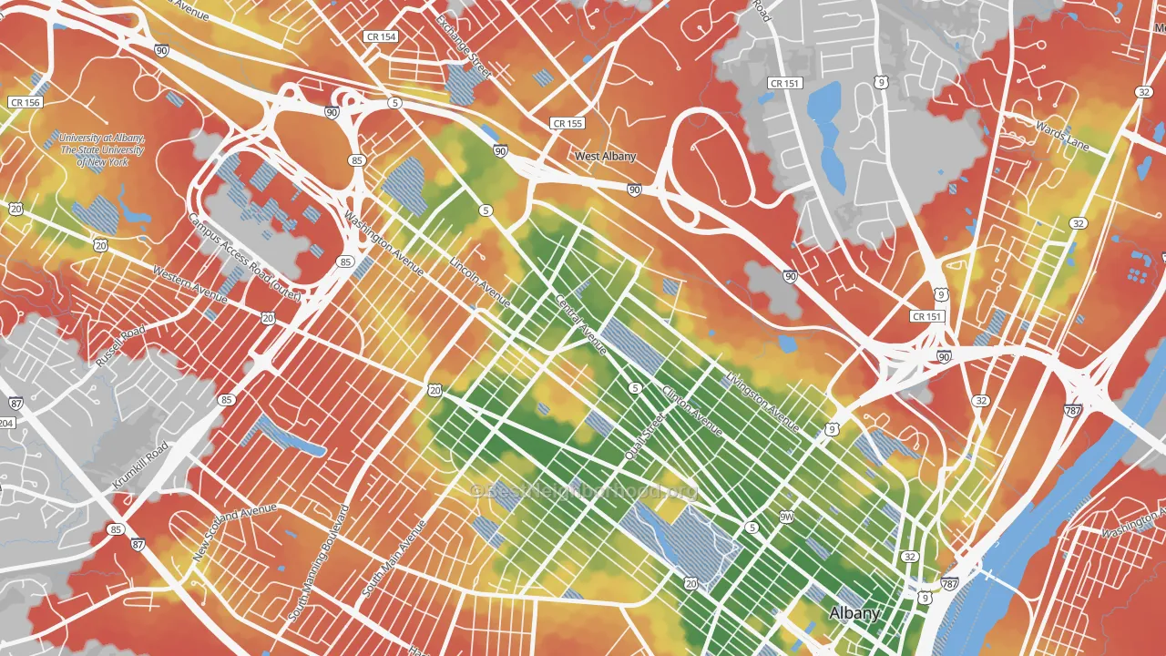 Walk Grade map of West End, Albany, NY, walkable areas in green and car-dependent areas in red