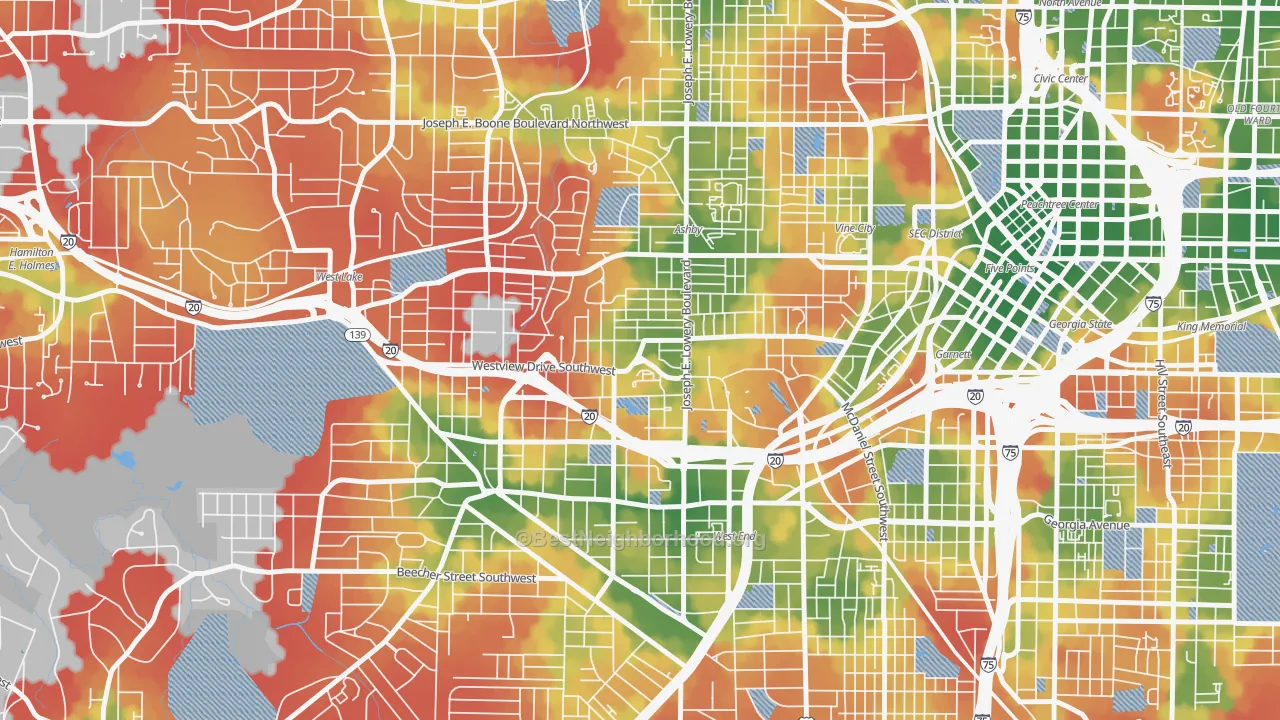 Walk Grade map of West End, Atlanta, GA, walkable areas in green and car-dependent areas in red