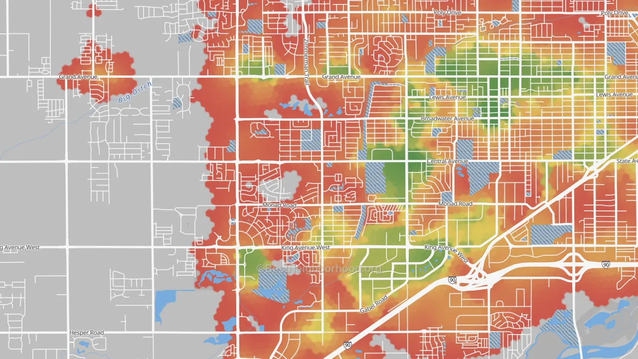 Walk Grade map of West End, Billings, MT, walkable areas in green and car-dependent areas in red