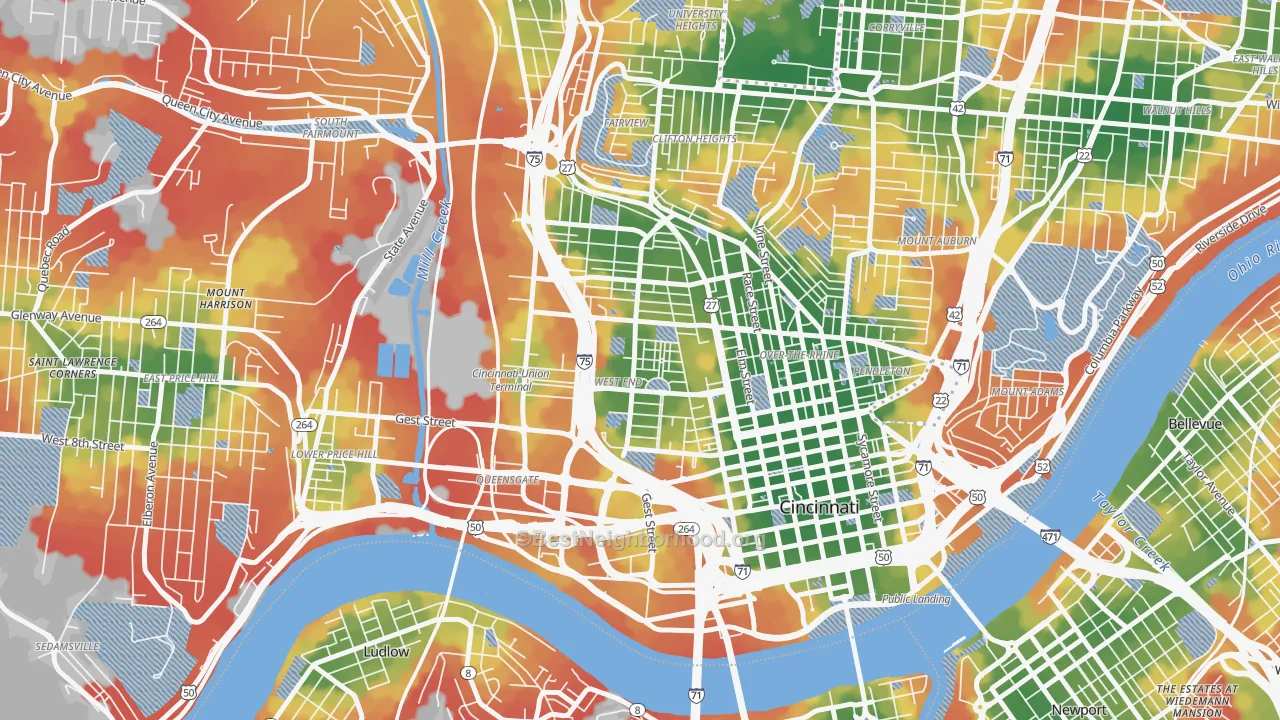 Walk Grade map of West End, Cincinnati, OH, walkable areas in green and car-dependent areas in red