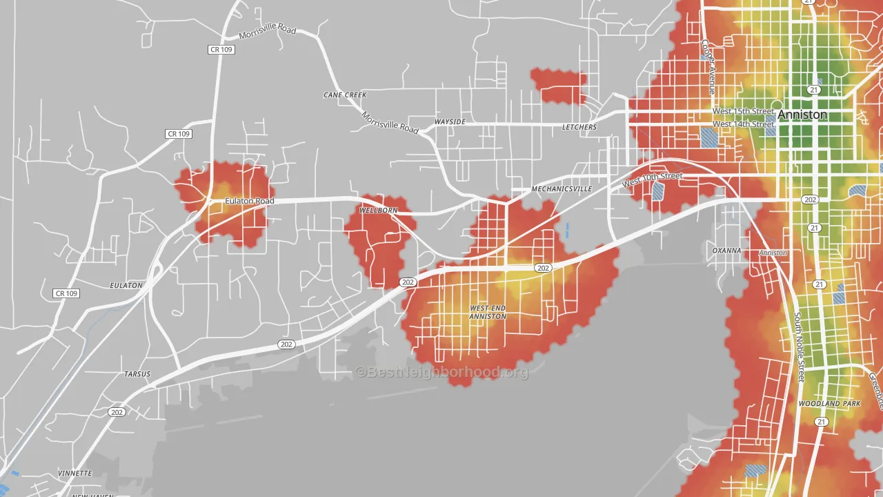 Walk Grade map of West End-Cobb Town, AL, walkable areas in green and car-dependent areas in red