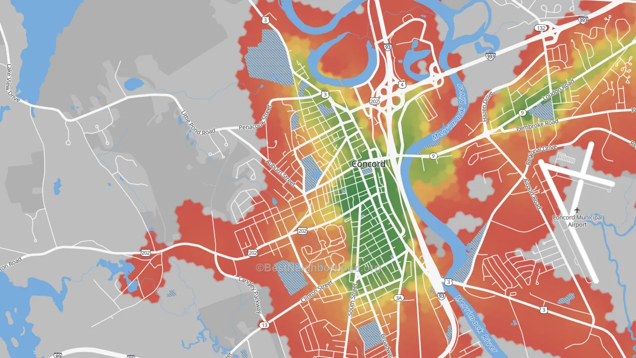 Walk Grade map of West End, Concord, NH, walkable areas in green and car-dependent areas in red