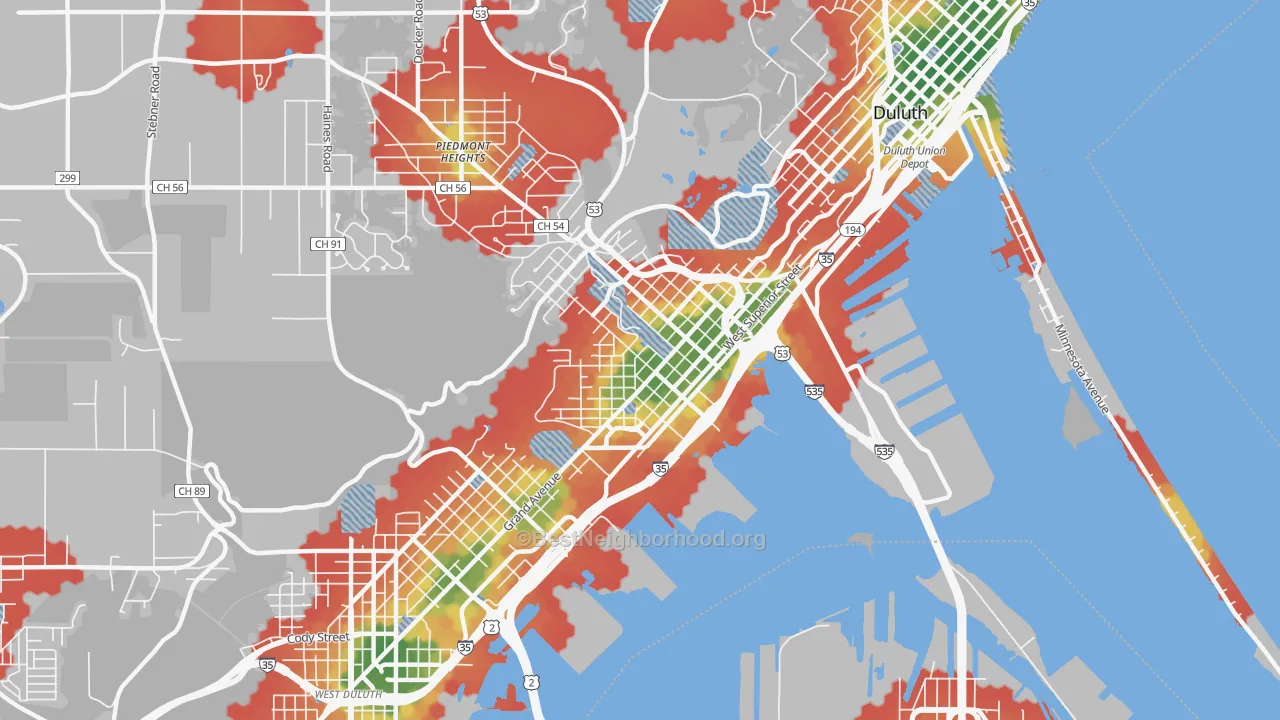 Walk Grade map of West End, Duluth, MN, walkable areas in green and car-dependent areas in red