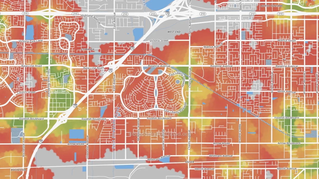 Walk Grade map of West End, Fontana, CA, walkable areas in green and car-dependent areas in red