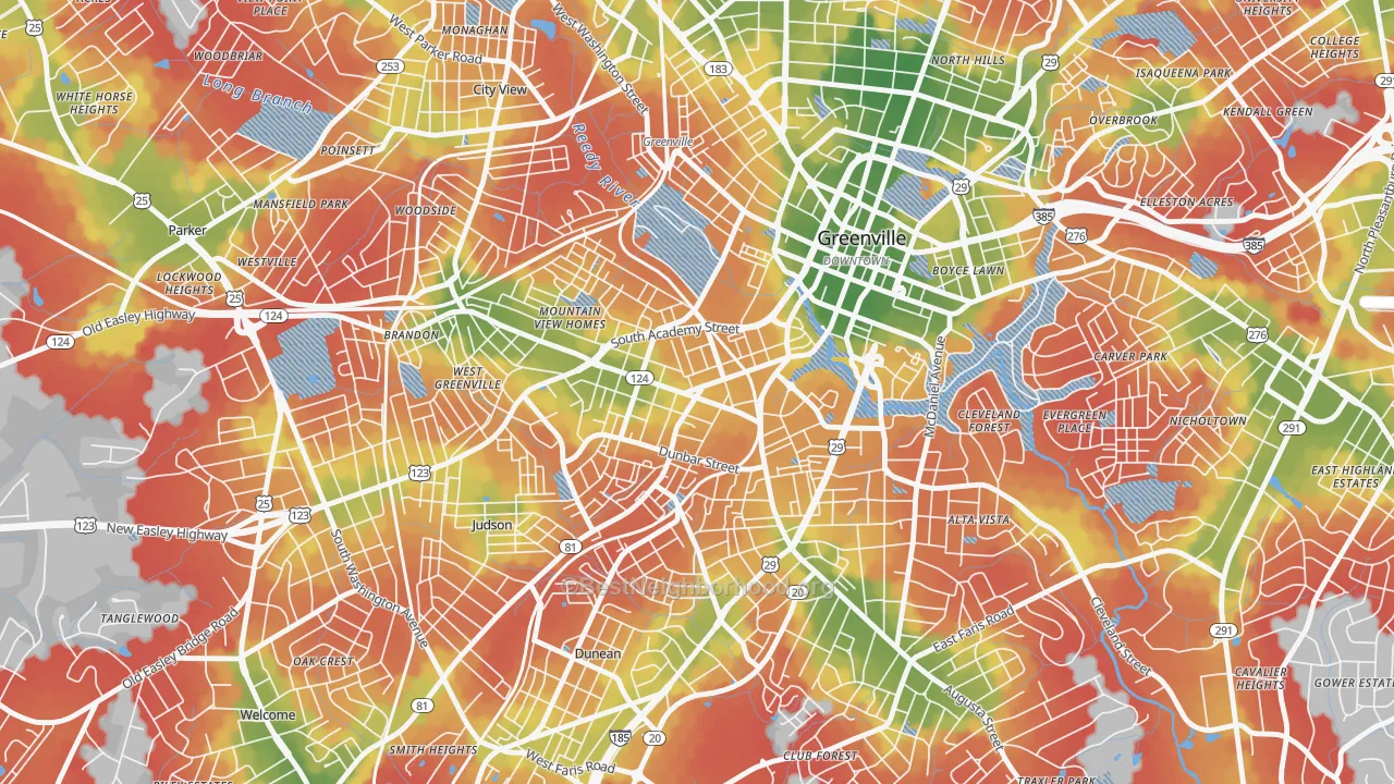 Walk Grade map of West End, Greenville, SC, walkable areas in green and car-dependent areas in red