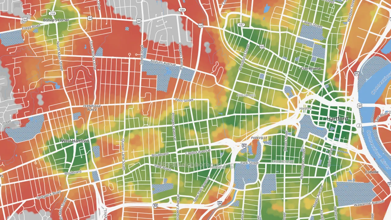 Walk Grade map of West End, Hartford, CT, walkable areas in green and car-dependent areas in red