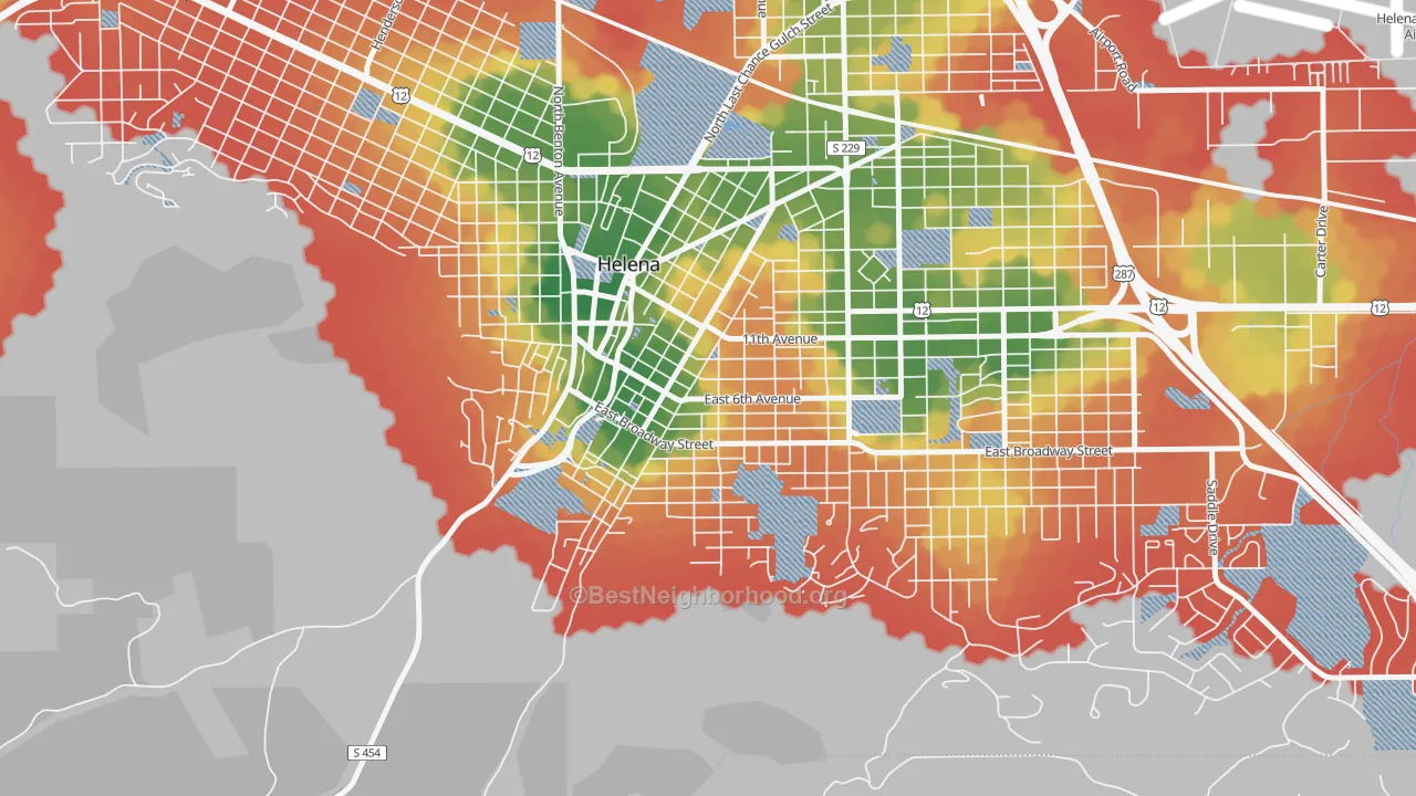 Walk Grade map of West End Helena, Helena, MT, walkable areas in green and car-dependent areas in red