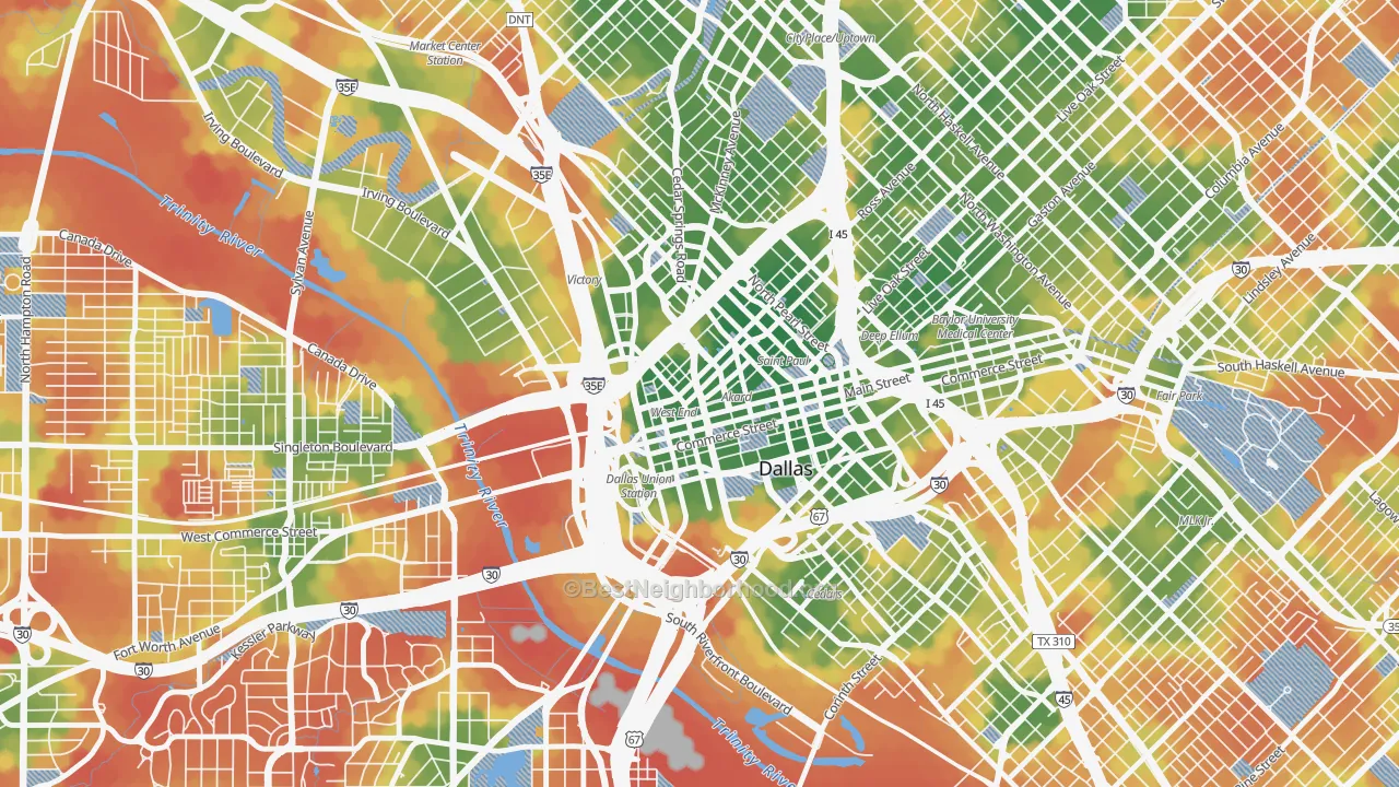 Walk Grade map of West End Historic District, Dallas, TX, walkable areas in green and car-dependent areas in red