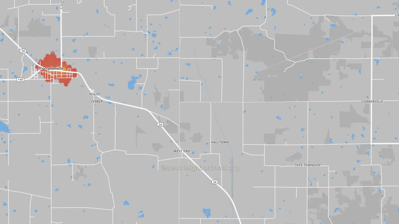 Walk Grade map of West End, IL, walkable areas in green and car-dependent areas in red