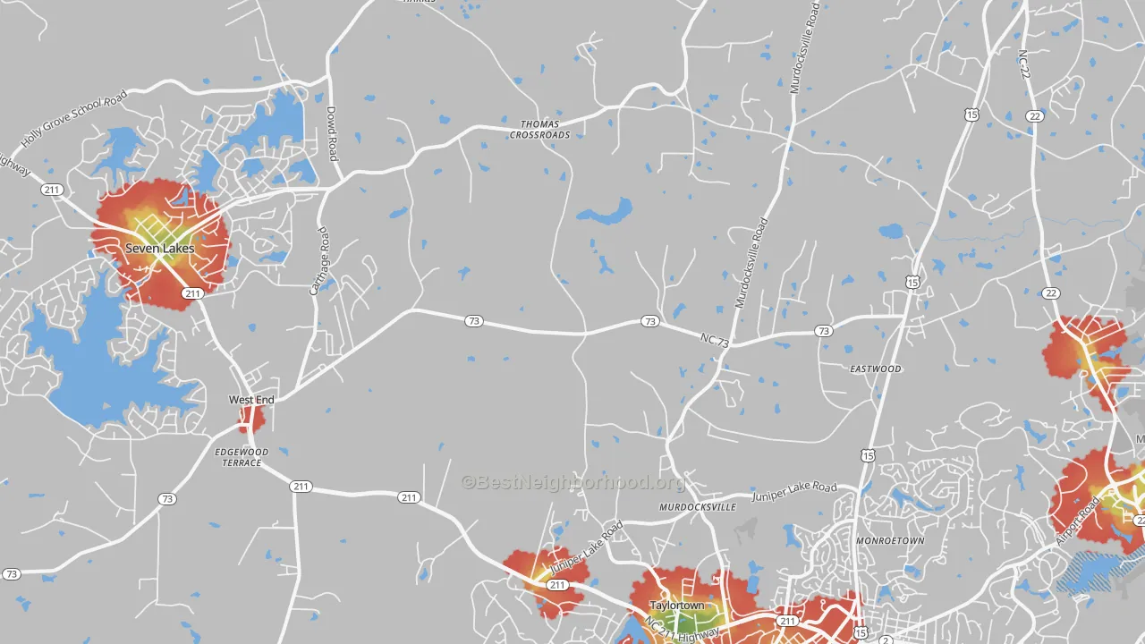 Walk Grade map of West End, NC, walkable areas in green and car-dependent areas in red