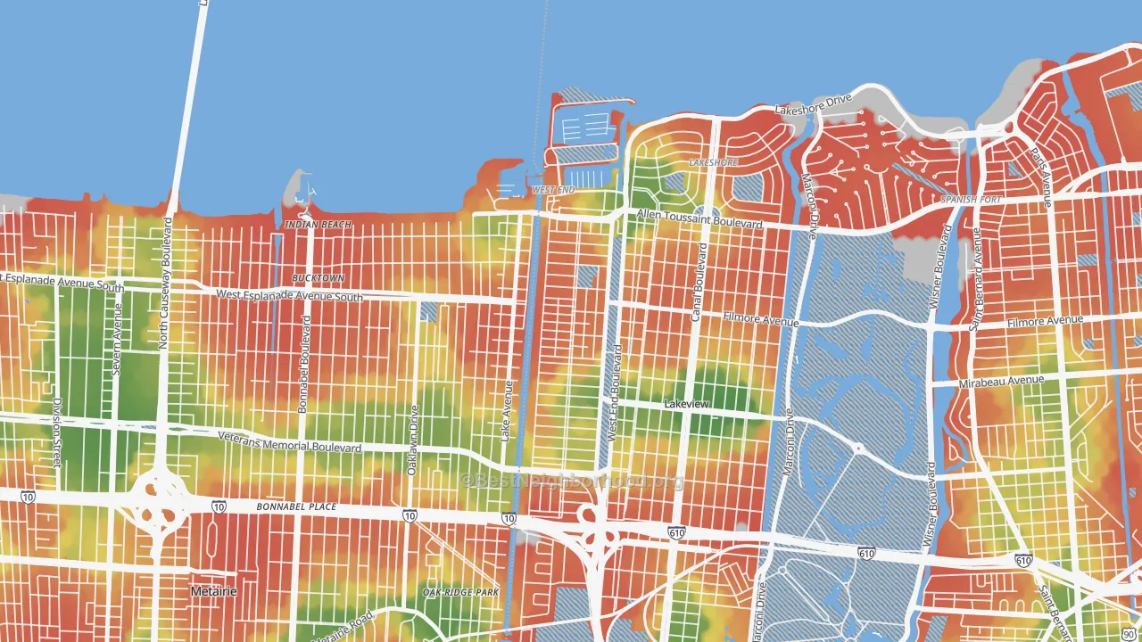 Walk Grade map of West End, New Orleans, LA, walkable areas in green and car-dependent areas in red