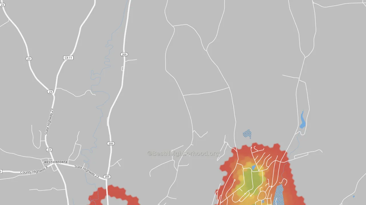 Walk Grade map of West End, NY, walkable areas in green and car-dependent areas in red