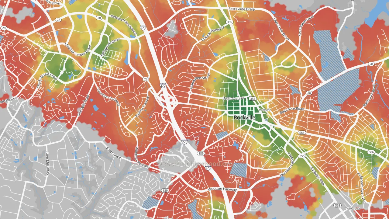 Walk Grade map of West End Park, Rockville, MD, walkable areas in green and car-dependent areas in red