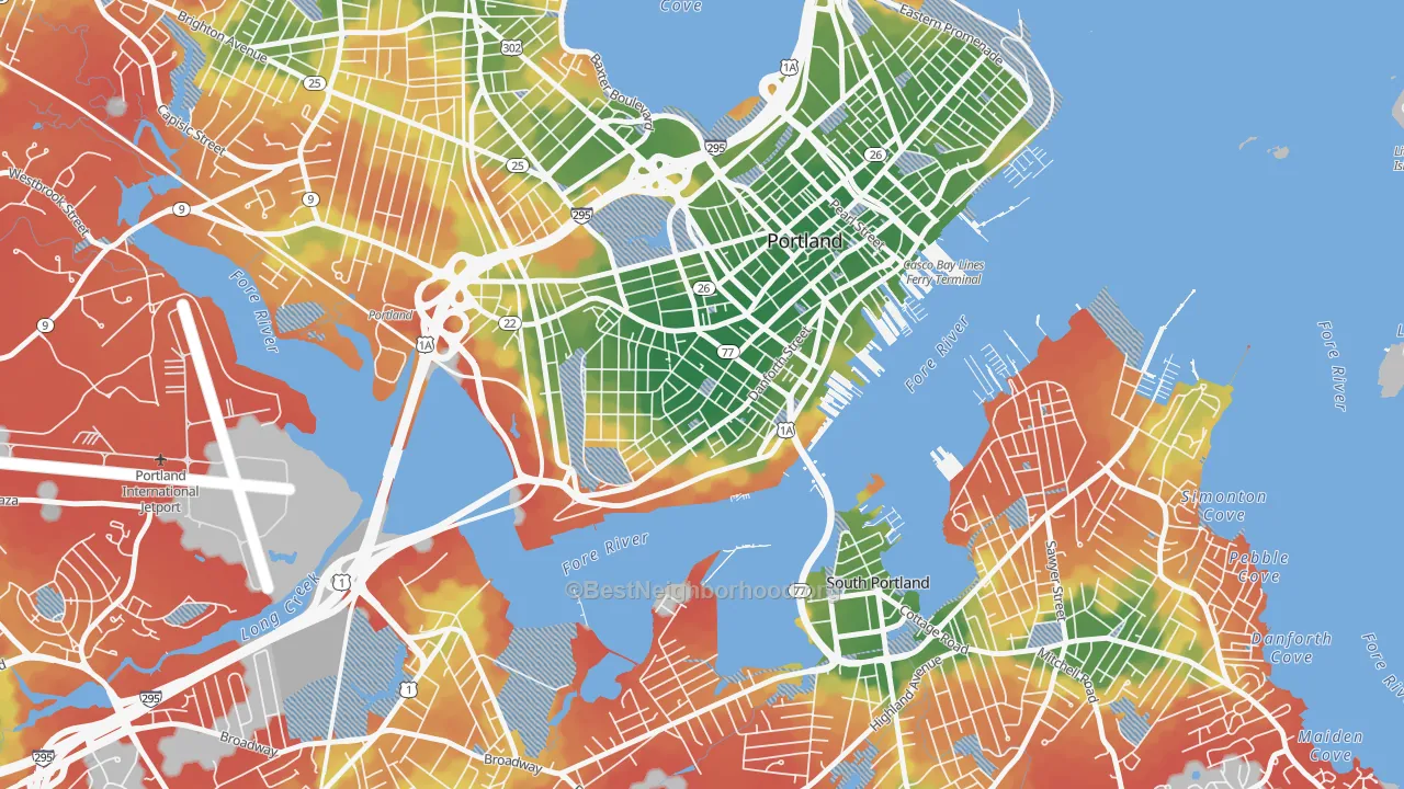 Walk Grade map of West End, Portland, ME, walkable areas in green and car-dependent areas in red