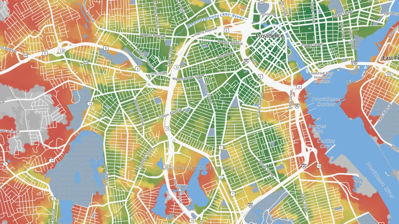 Walk Grade map of West End, Providence, RI, walkable areas in green and car-dependent areas in red
