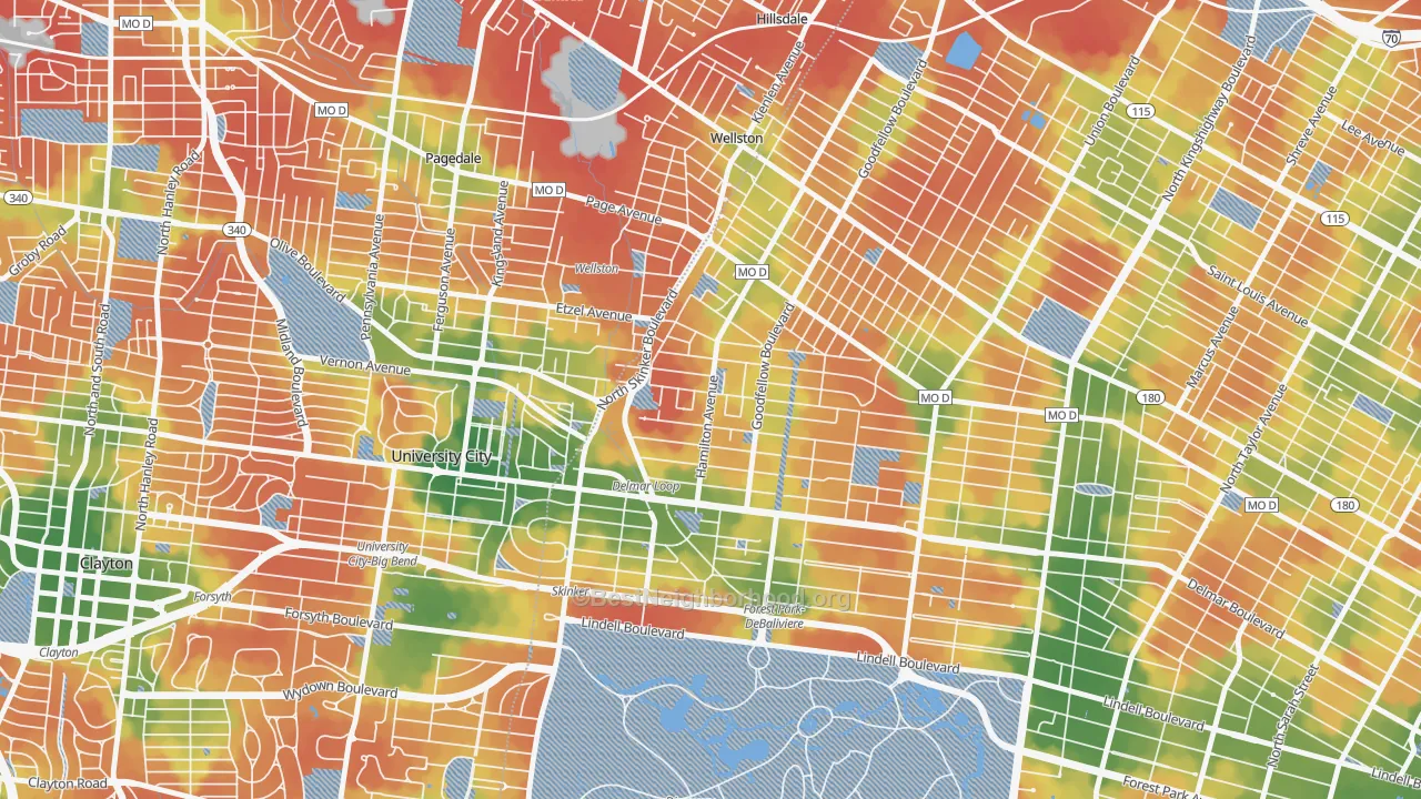 Walk Grade map of West End, St. Louis, MO, walkable areas in green and car-dependent areas in red