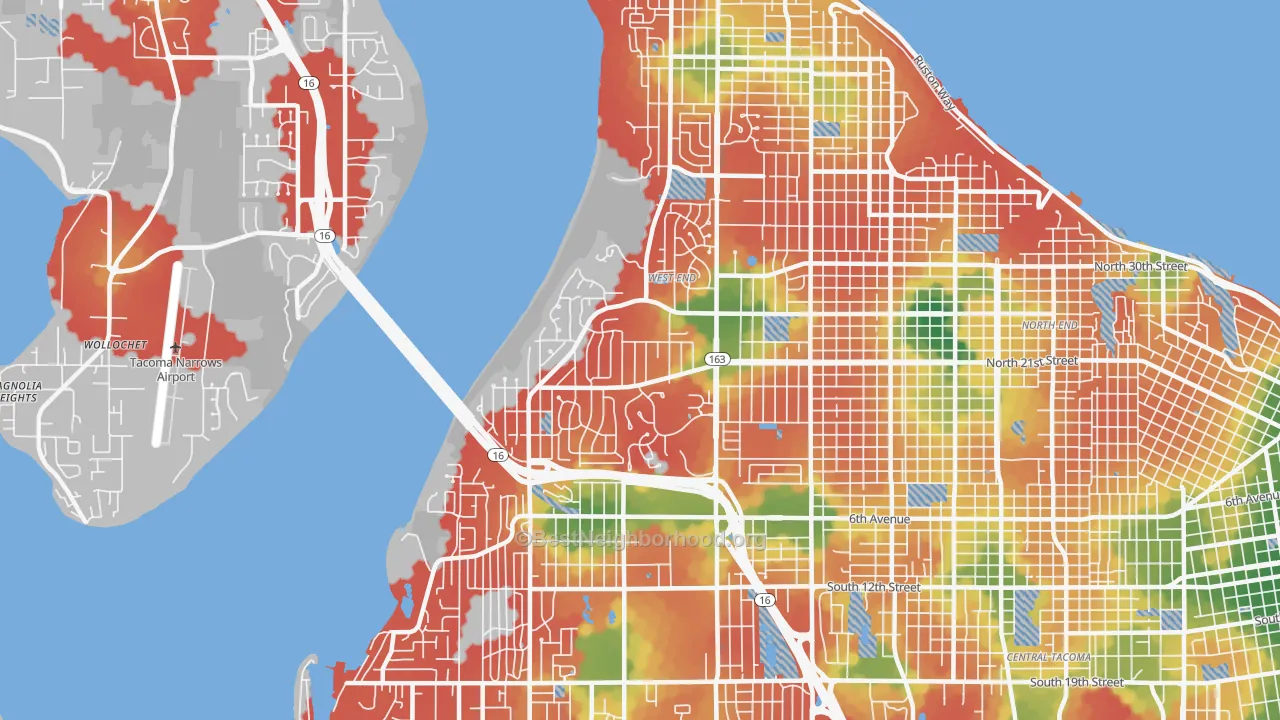 Walk Grade map of West End, Tacoma, WA, walkable areas in green and car-dependent areas in red