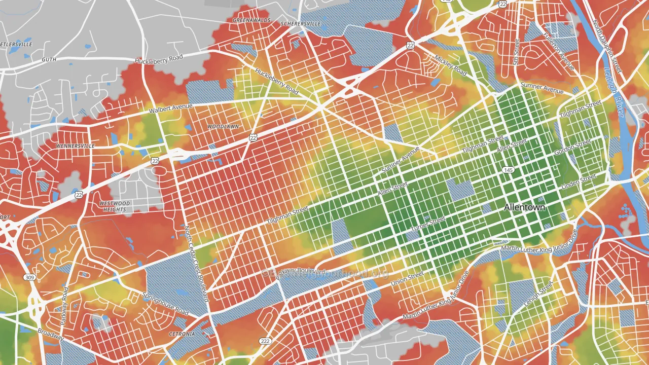Walk Grade map of West End Theatre District, Allentown, PA, walkable areas in green and car-dependent areas in red
