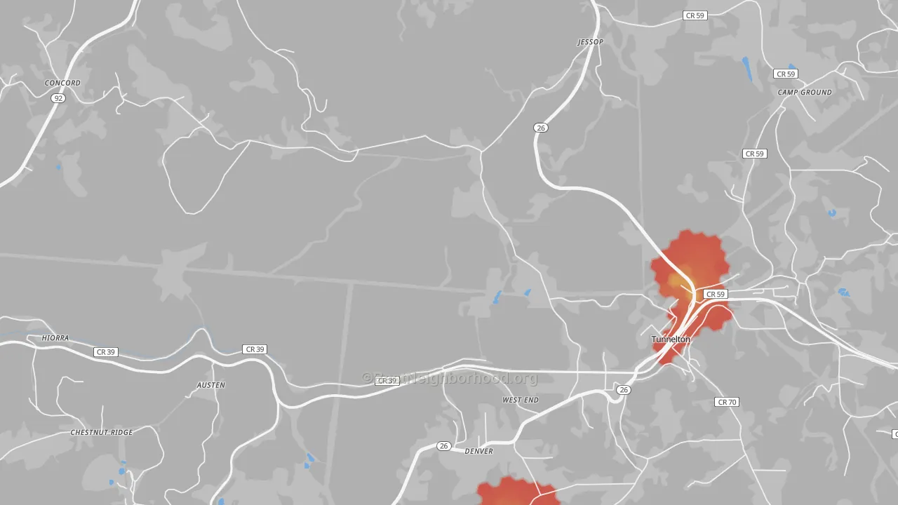 Walk Grade map of West End, WV, walkable areas in green and car-dependent areas in red