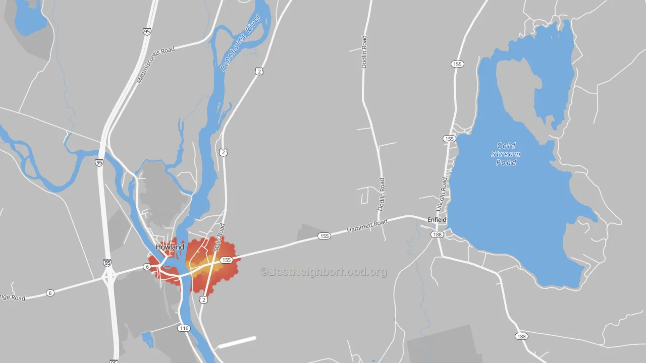 Walk Grade map of West Enfield, ME, walkable areas in green and car-dependent areas in red