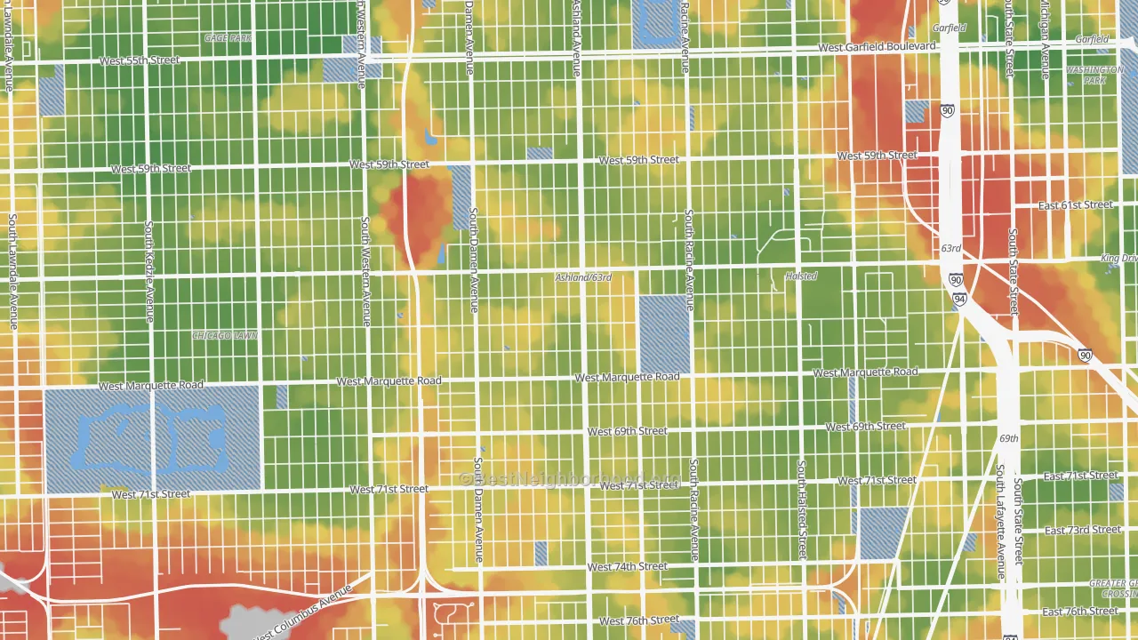 Walk Grade map of West Englewood, Chicago, IL, walkable areas in green and car-dependent areas in red