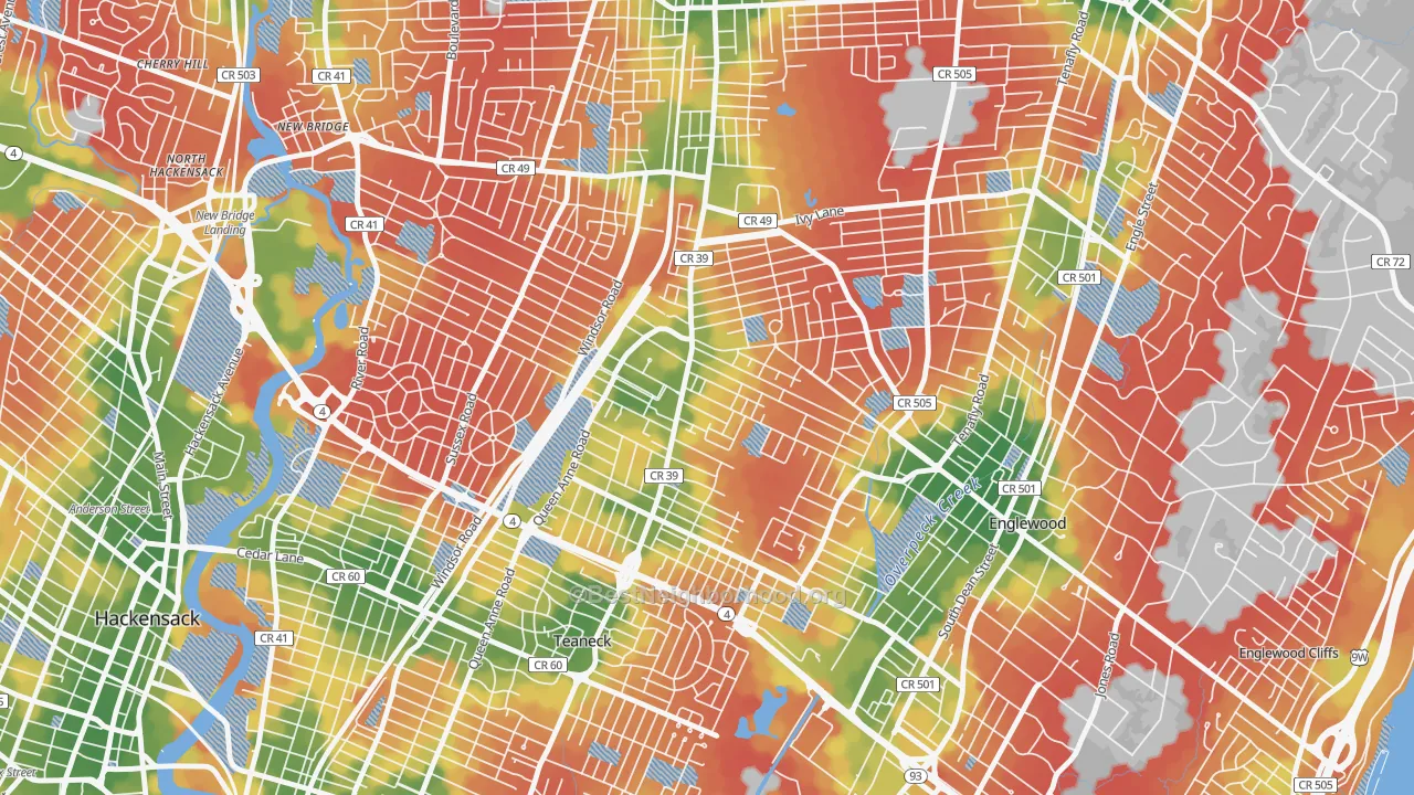 Walk Grade map of West Englewood, Teaneck, NJ, walkable areas in green and car-dependent areas in red