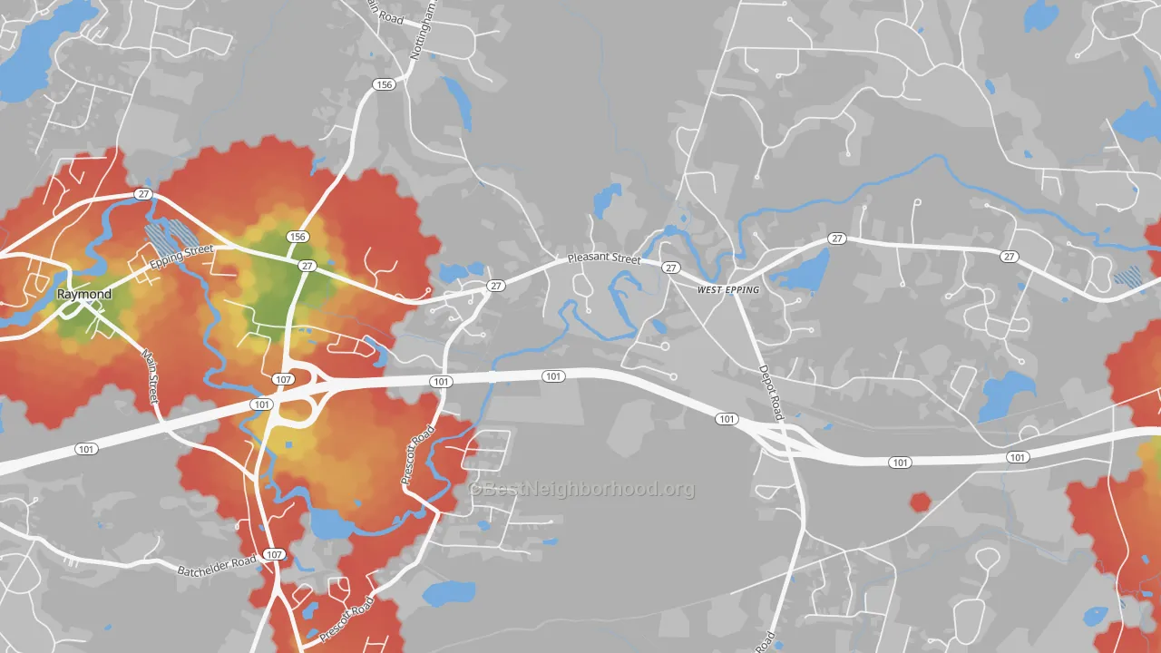 Walk Grade map of West Epping, NH, walkable areas in green and car-dependent areas in red