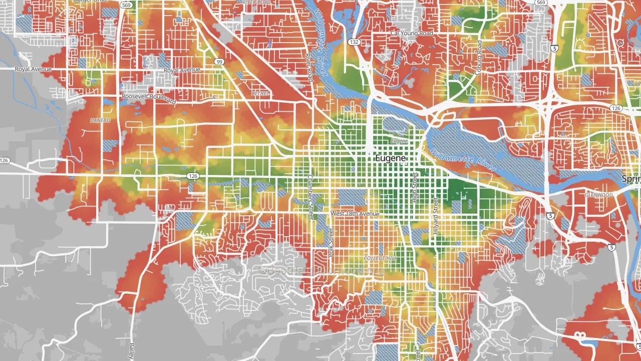 Walk Grade map of West Eugene, Eugene, OR, walkable areas in green and car-dependent areas in red